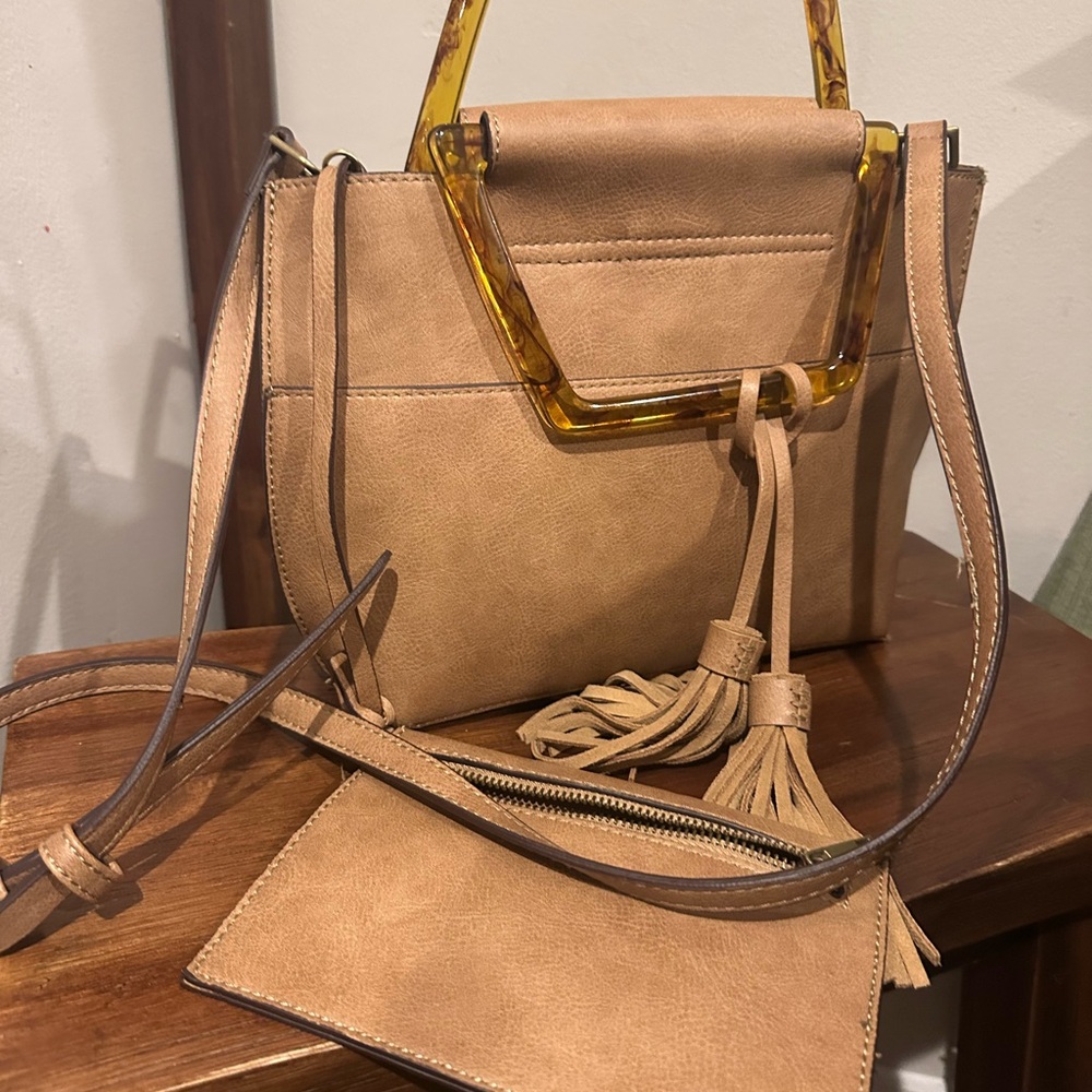 Anthropologie Faux Leather Bag with Acrylic Handles and Attached Coin Purse New